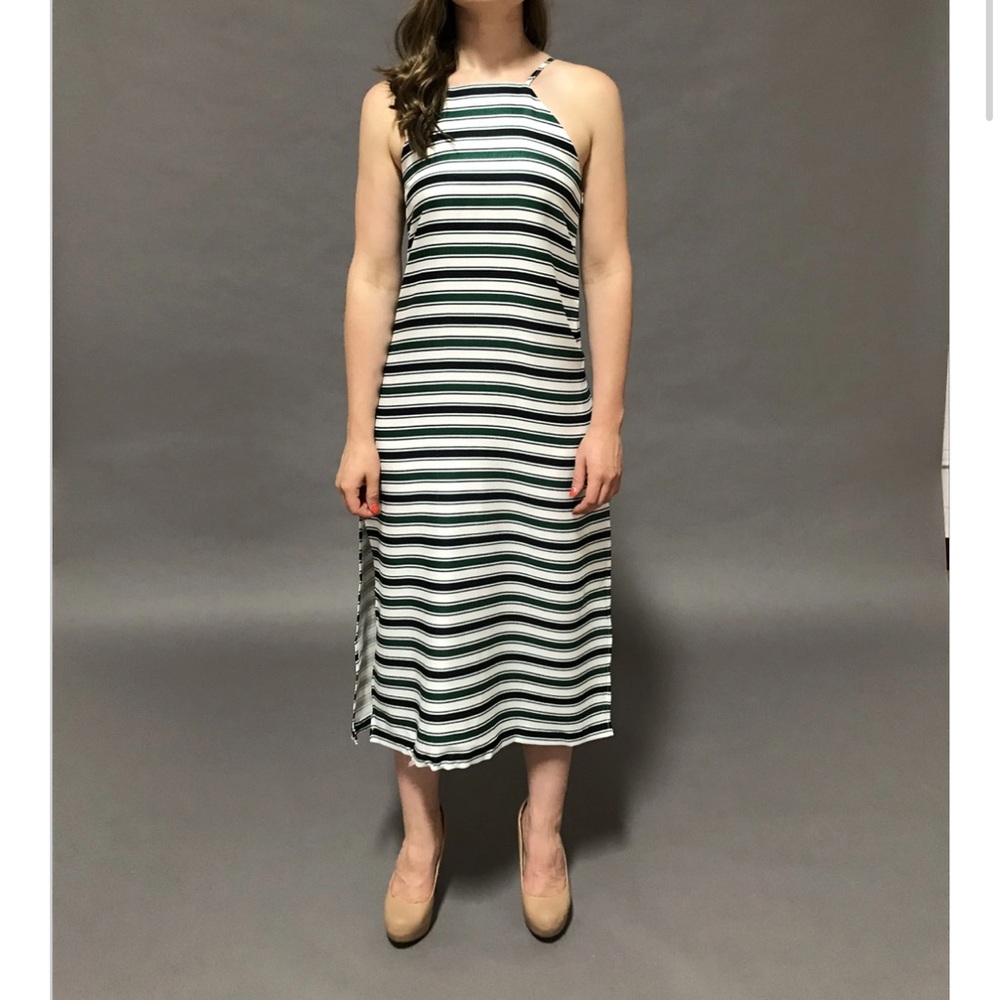 Green, Navy and White Sleeveless Scoop Neck Sheath Maxi Dress